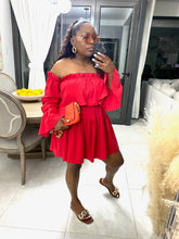 Load image into Gallery viewer, Red "Bora Bora" Tube Frilled Sleeved Cotton Linen Dress