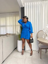 Load image into Gallery viewer, Blue “Paris” Wrap Front Mini Dress