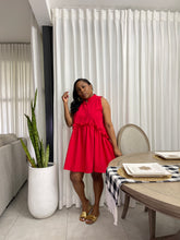 Load image into Gallery viewer, Red Peru Frill Waist Sleeve Dress