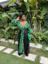 Load image into Gallery viewer, Green African Ankara “UGANDA” Puff Sleeved Wax Cotton Wrap Top