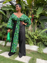 Load image into Gallery viewer, Green African Ankara “UGANDA” Puff Sleeved Wax Cotton Wrap Top