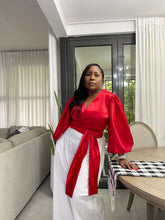 Load image into Gallery viewer, Holiday Red “UGANDA” Puff Sleeved Wrap Top