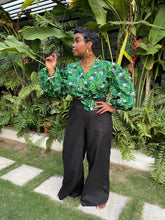 Load image into Gallery viewer, Green African Ankara “UGANDA” Puff Sleeved Wax Cotton Wrap Top
