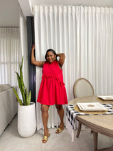Load image into Gallery viewer, Red Peru Frill Waist Sleeve Dress