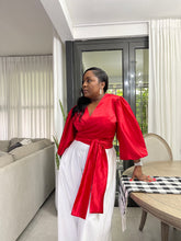 Load image into Gallery viewer, Holiday Red “UGANDA” Puff Sleeved Wrap Top