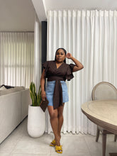 Load image into Gallery viewer, Chocolate Brown “TOBAGO” Frill Sleeved Linen Wrap Top