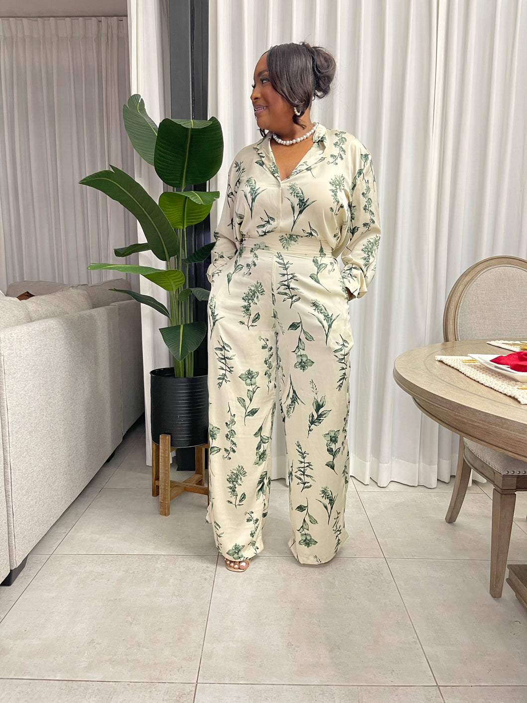 Premium Nude and Green Floral “ISLANDER” Satin Pant Set