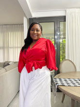 Load image into Gallery viewer, Holiday Red “UGANDA” Puff Sleeved Wrap Top
