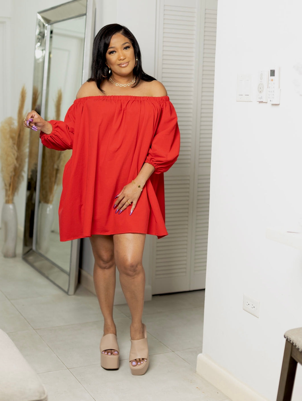 Red “ZIMBABWE” Oversized Puff Sleeved Dress