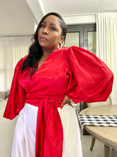 Load image into Gallery viewer, Holiday Red “UGANDA” Puff Sleeved Wrap Top
